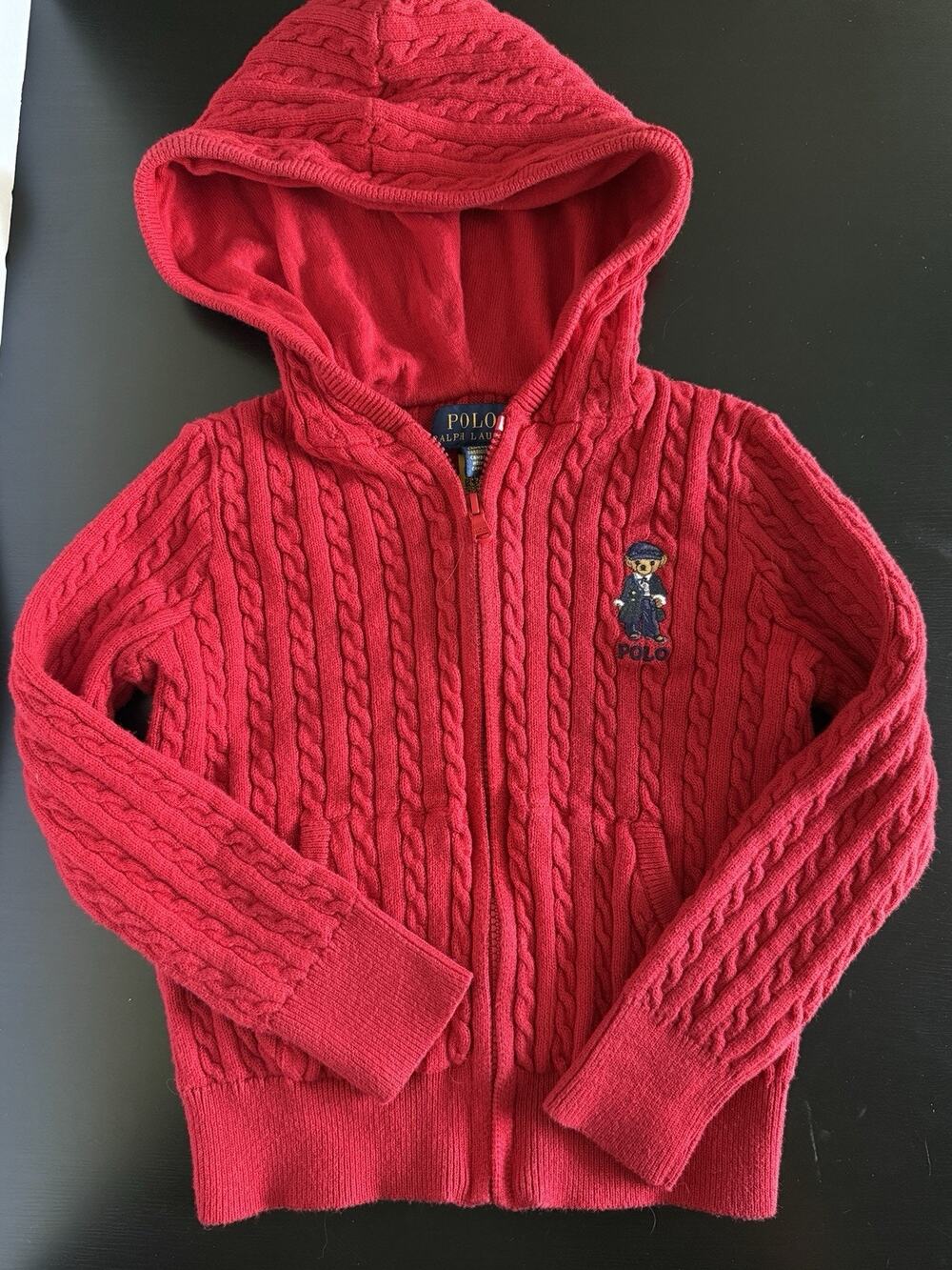 Polo Ralph Lauren Girls 4 Polo Bear Red Cable Knit Full Zip Hoodie Sweater